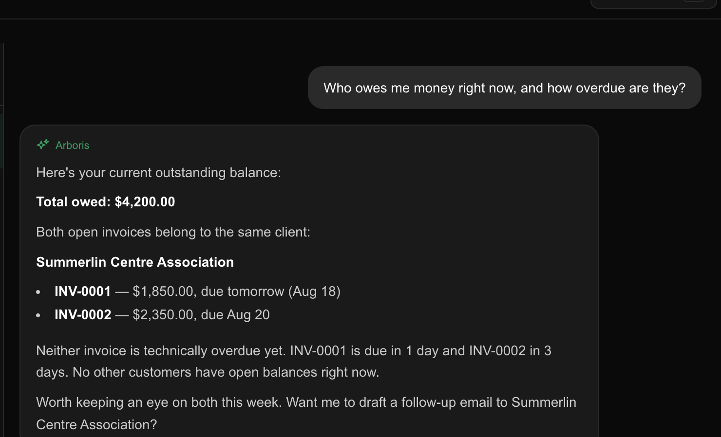 Arboris answering “Who owes me money right now, and how overdue are they?” with a total owed, two invoices by number with their balances and due dates, and a note that neither is overdue yet.