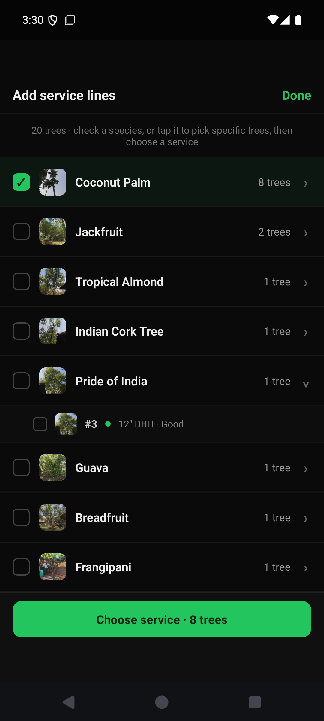 Selecting trees to price as one flat day-rate line on an estimate