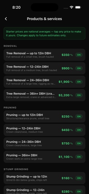 The Products and services catalog with editable names, descriptions, and prices