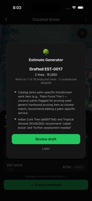 The Estimate Generator drafting a priced estimate from a property's tree inventory