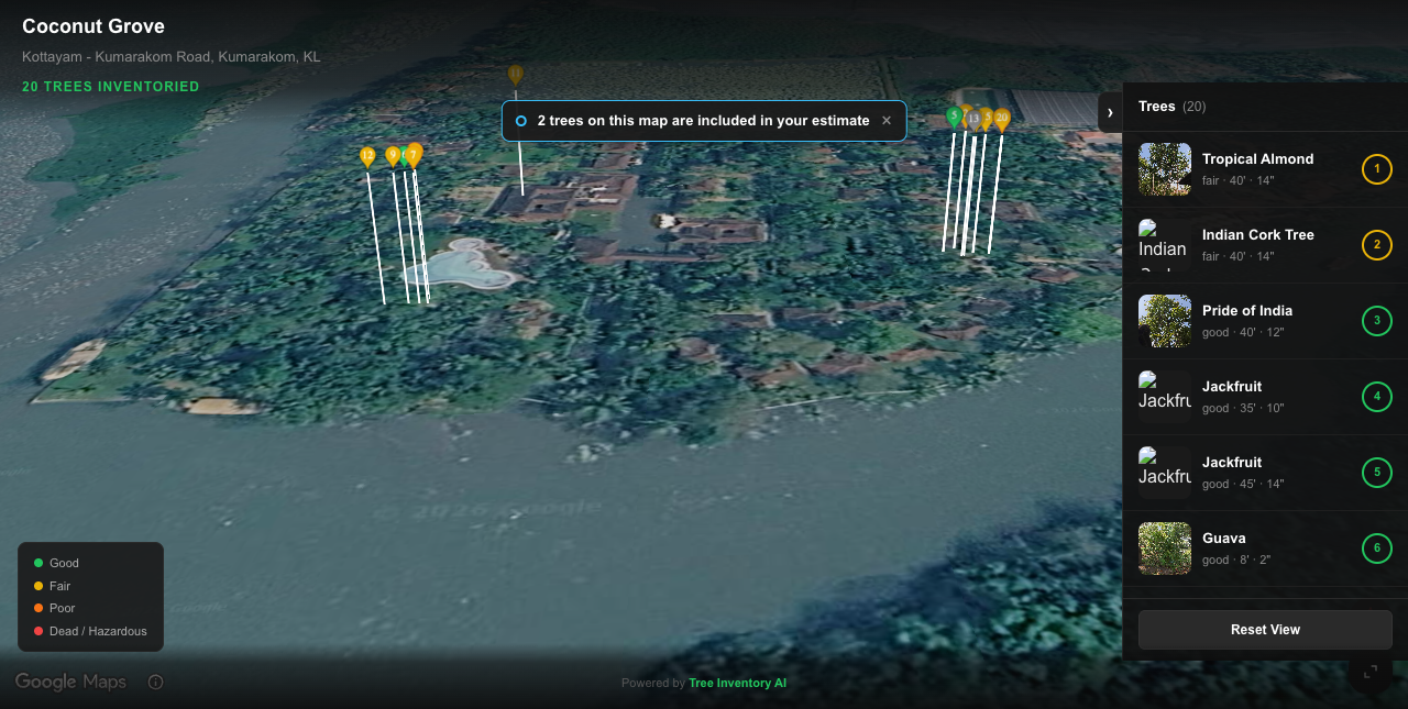 An interactive 3D property map with the quoted trees highlighted