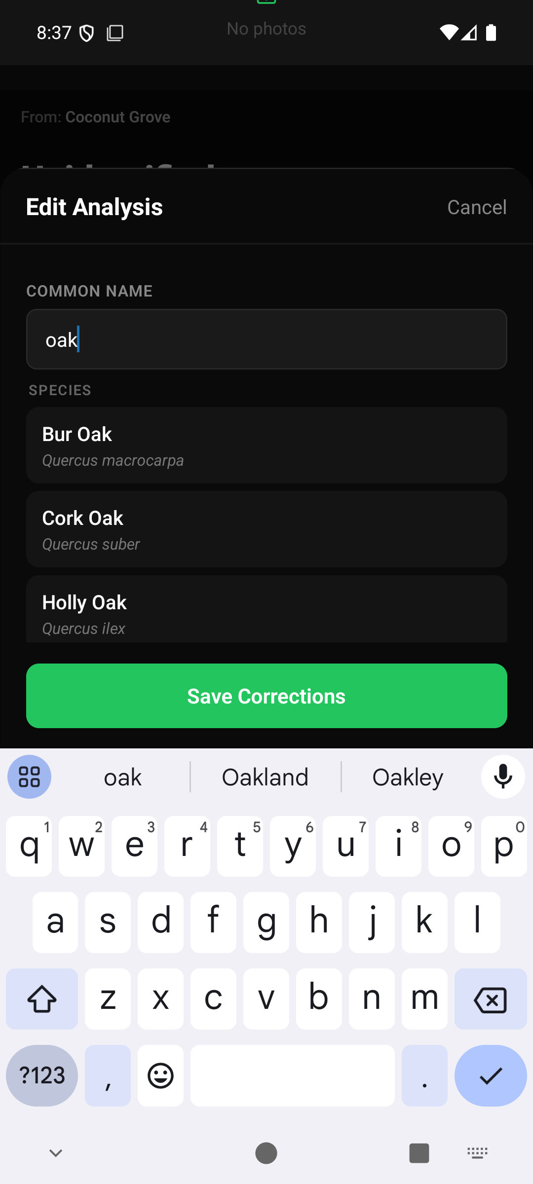 Typing 'oak' in the Common Name field surfaces matching species with their scientific names